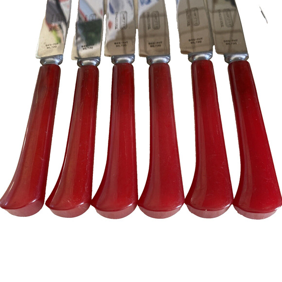 Vintage RED Bakelite Handle Silverware 11 Utensils Knives & Forks Flatware - Picture 3 of 13